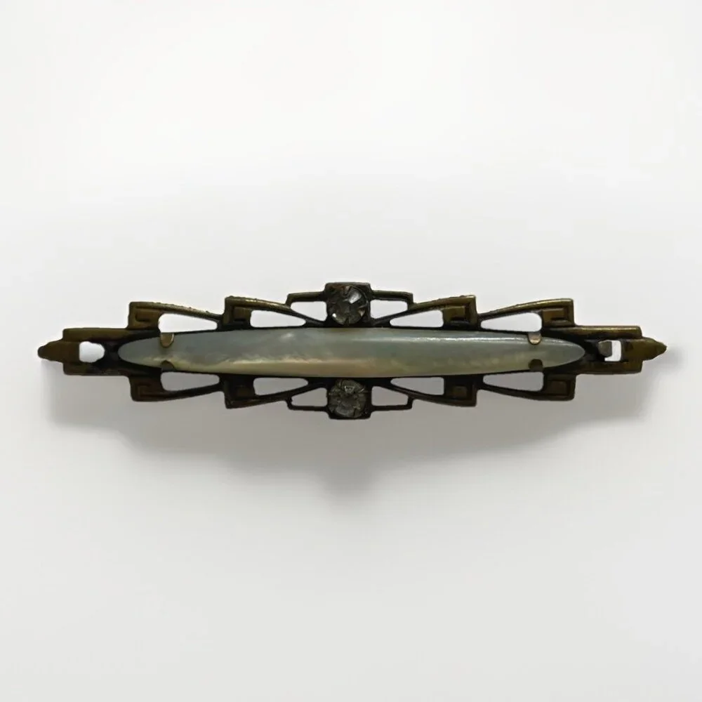 Antique Art Deco Mop Bar Pin Brooch Clear Stones Mother Of Pearl C Clasp - Picture 8 of 8